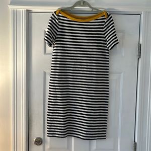 Boden T-shirt dress.  Navy and white stripe with gold collar.